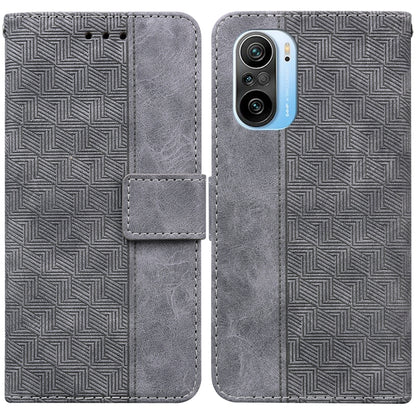 Geometric embossed leather phone case with flip cover and card slot, gray