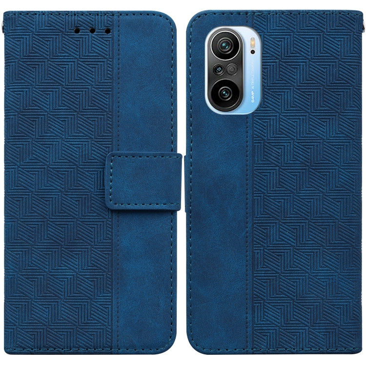 Geometric embossed leather phone case with flip cover, camera cutout, blue