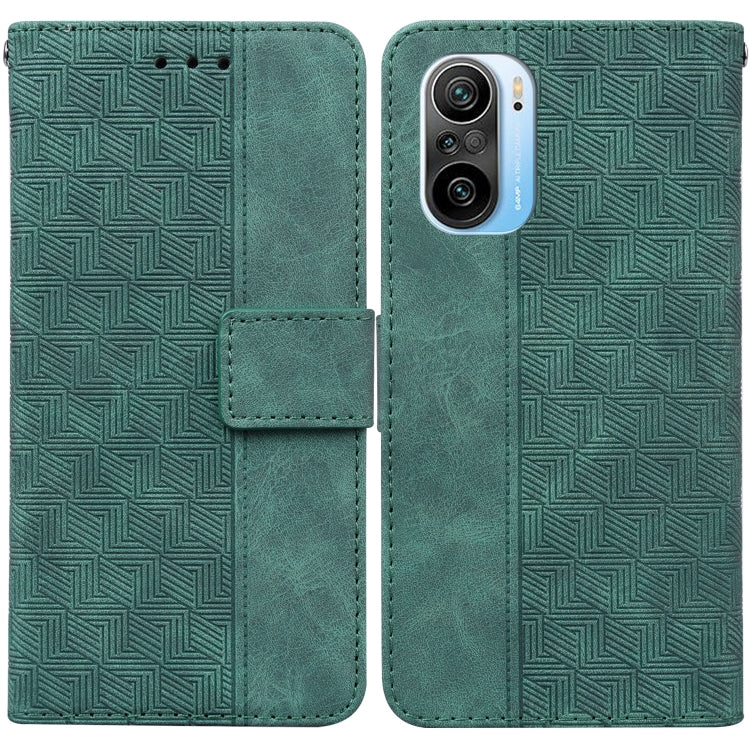 Geometric embossed leather phone case with flip cover, camera cutout, green