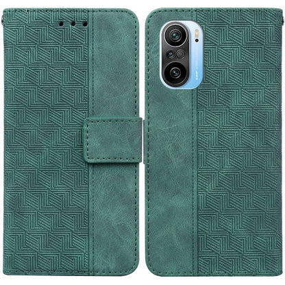 Geometric embossed leather phone case with flip cover, camera cutout, green