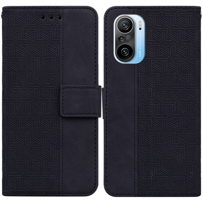 Geometric embossed leather phone case with flip cover and camera cutout, black