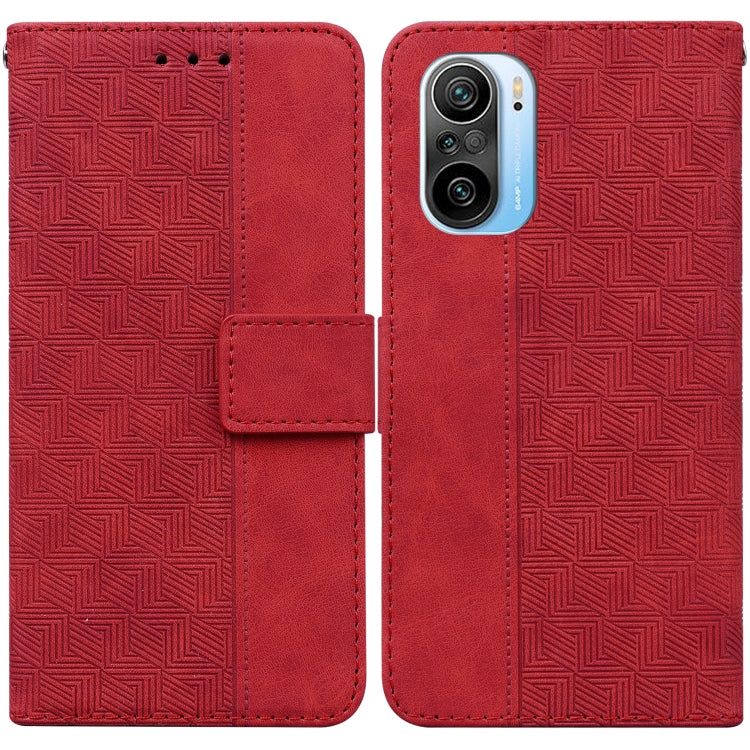 Geometric embossed leather phone case with flip cover and camera cutout, red