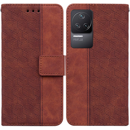 Geometric embossed leather phone case with flip cover and camera cutout, brown