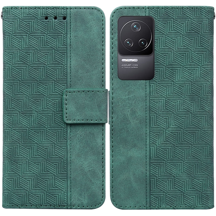 Geometric embossed leather phone case with flip cover and camera cutout, green