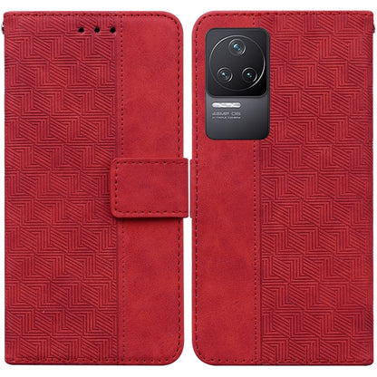 Geometric embossed leather phone case with magnetic folio strap, red.