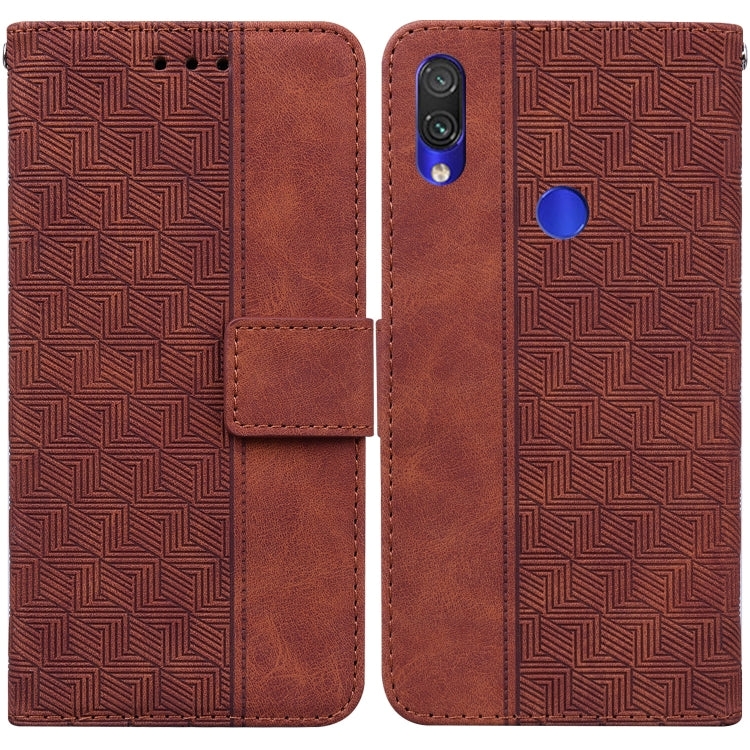 Geometric embossed leather phone case with magnetic folio strap, brown.