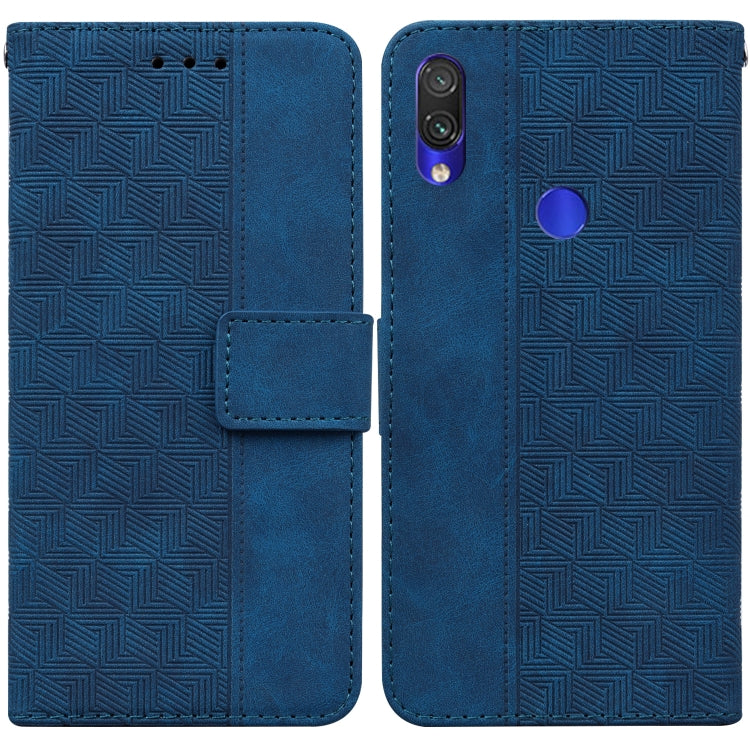 Geometric embossed leather phone case with magnetic folio strap, blue.