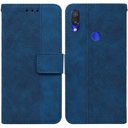 Geometric embossed leather phone case with magnetic folio strap, blue.