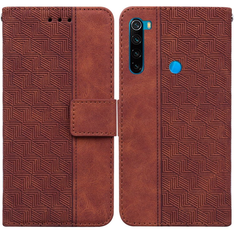Geometric embossed leather phone case with magnetic folio strap, brown.