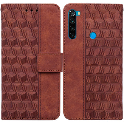 Geometric embossed leather phone case with magnetic folio strap, brown.