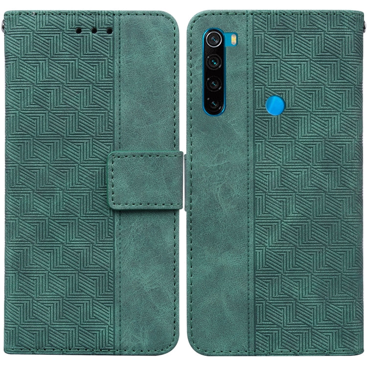 Green geometric embossed leather wallet phone case with flip cover and magnetic strap