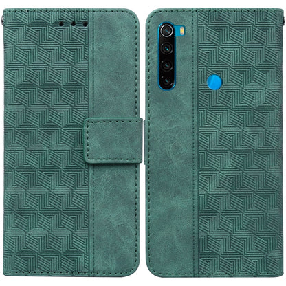 Green geometric embossed leather wallet phone case with flip cover and magnetic strap