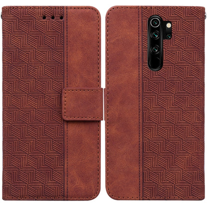 Brown geometric embossed leather wallet phone case with flip cover and magnetic strap