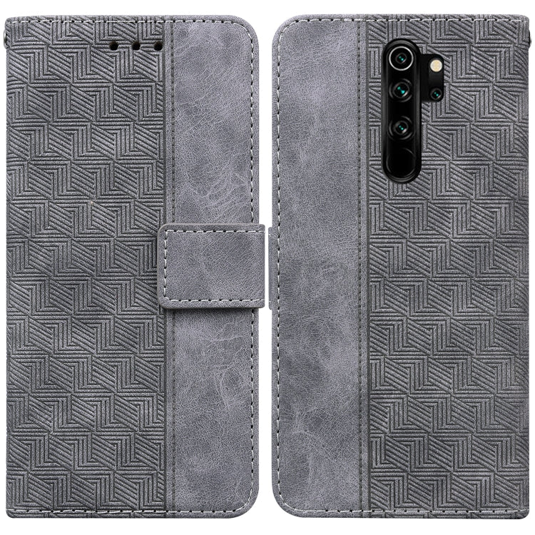 Grey geometric embossed leather wallet phone case with flip cover and magnetic strap