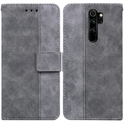Grey geometric embossed leather wallet phone case with flip cover and magnetic strap