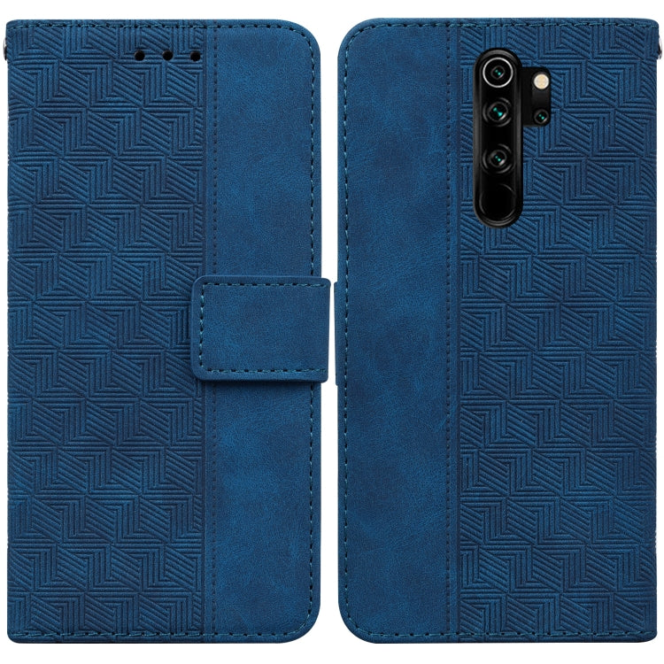 Blue geometric embossed leather wallet phone case with front flip cover and camera cutouts