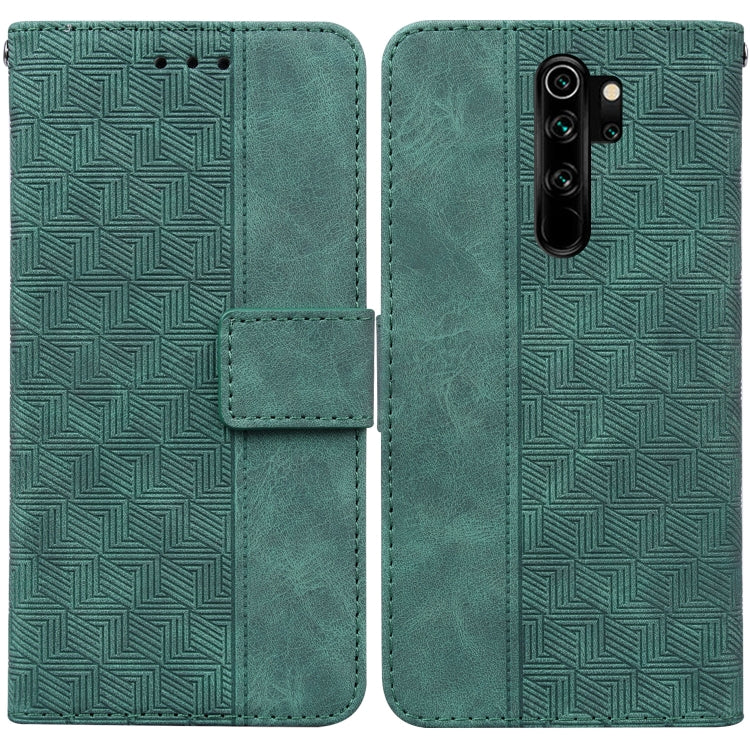 Green geometric embossed leather wallet phone case with front flip cover and camera cutouts