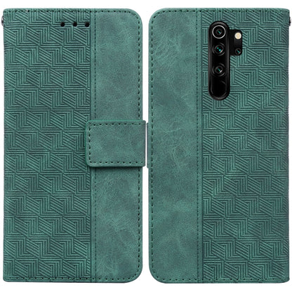 Green geometric embossed leather wallet phone case with front flip cover and camera cutouts