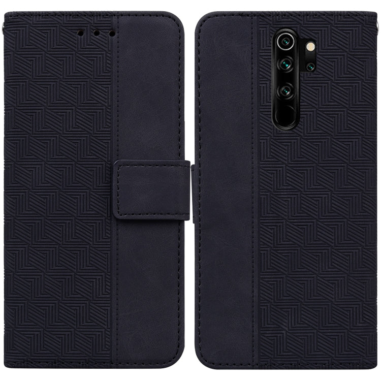 Dark geometric embossed leather wallet phone case with front flip cover and camera cutouts