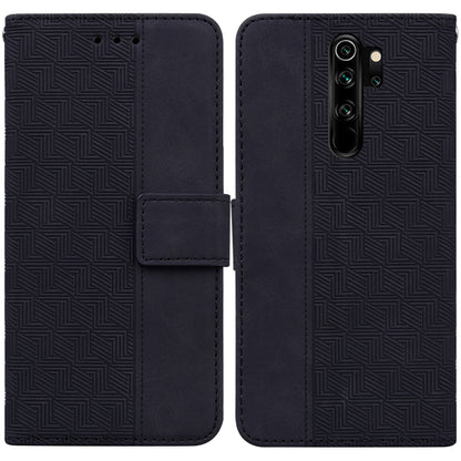 Dark geometric embossed leather wallet phone case with front flip cover and camera cutouts