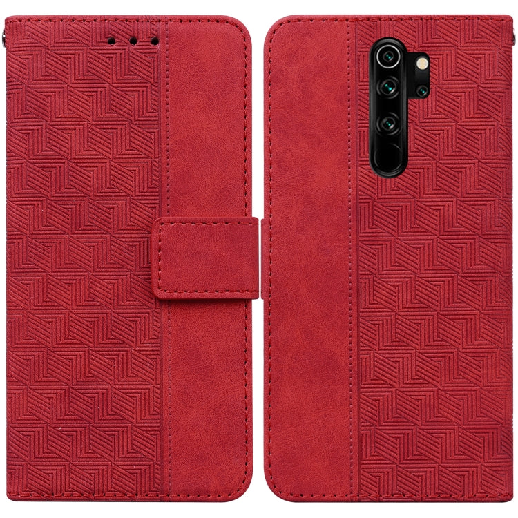 Red geometric embossed leather wallet phone case with front flip cover and camera cutouts