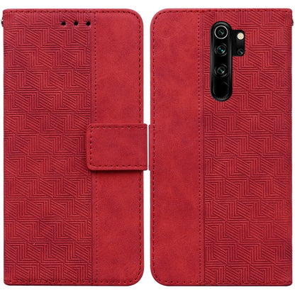 Red geometric embossed leather wallet phone case with front flip cover and camera cutouts