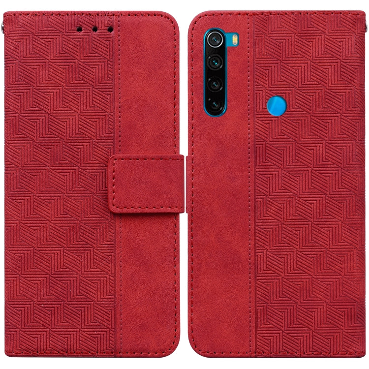 Red geometric embossed leather wallet phone case with flip cover and card slot
