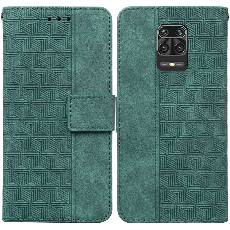 Green geometric embossed leather wallet phone case with flip cover and card slot