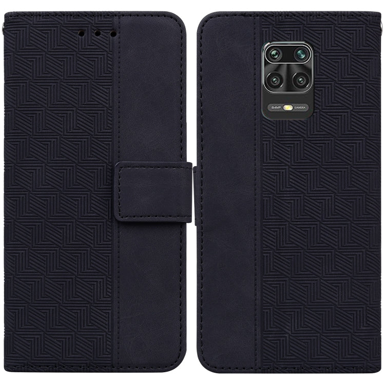 Dark blue/black geometric embossed leather-style phone case with flip cover and strap