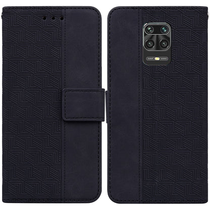 Dark blue/black geometric embossed leather-style phone case with flip cover and strap