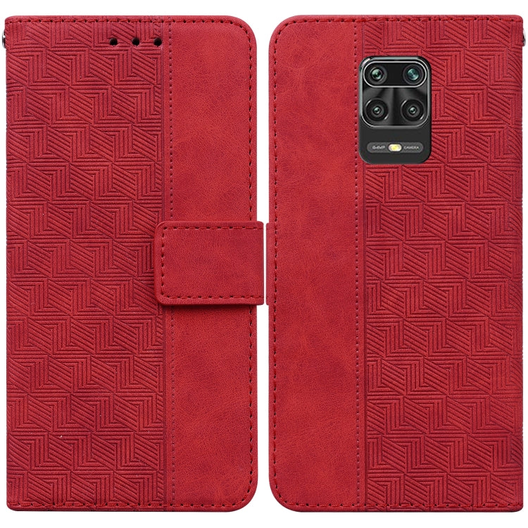 Red geometric embossed leather-style phone case with flip cover and front strap