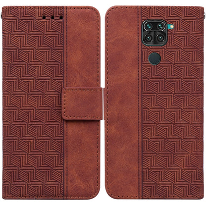Brown geometric embossed leather-style phone case with flip cover and camera cutout