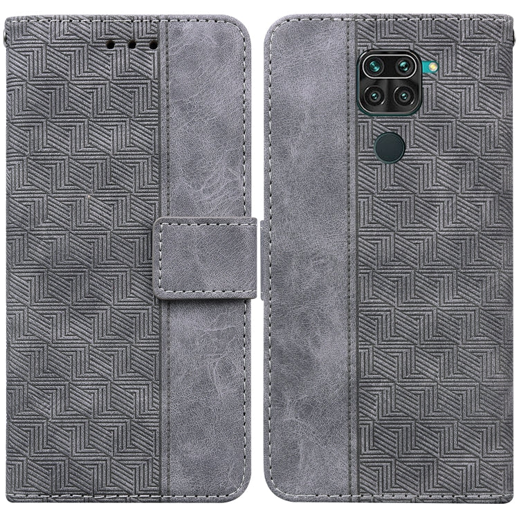 Grey geometric embossed leather wallet phone case with side flip and magnetic strap
