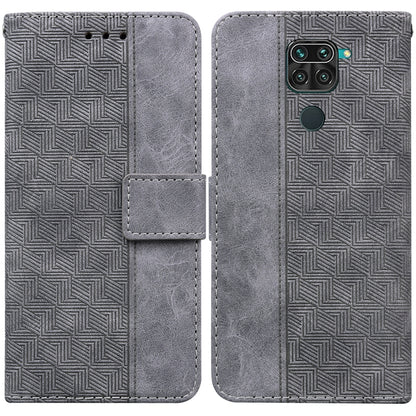 Grey geometric embossed leather wallet phone case with side flip and magnetic strap