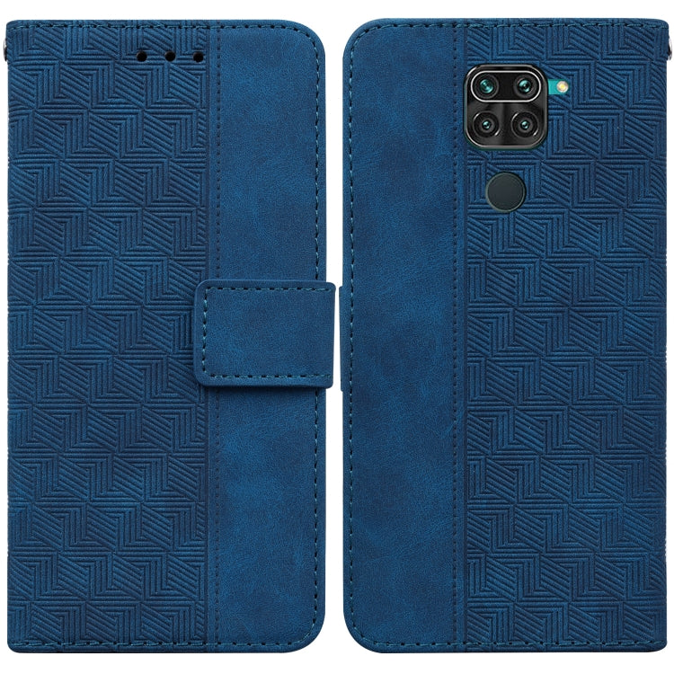 Blue geometric embossed leather wallet phone case with side flip and magnetic strap