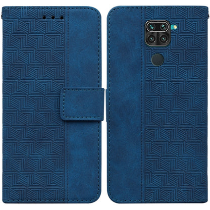 Blue geometric embossed leather wallet phone case with side flip and magnetic strap