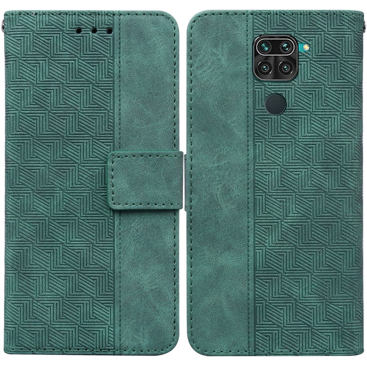 Green geometric embossed leather wallet phone case with side flip and magnetic strap