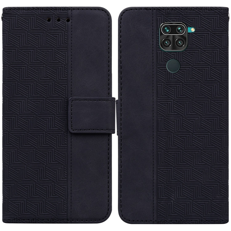 Black geometric embossed leather wallet phone case with side flip and magnetic strap