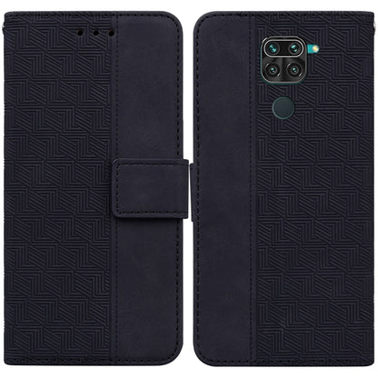 Black geometric embossed leather wallet phone case with side flip and magnetic strap