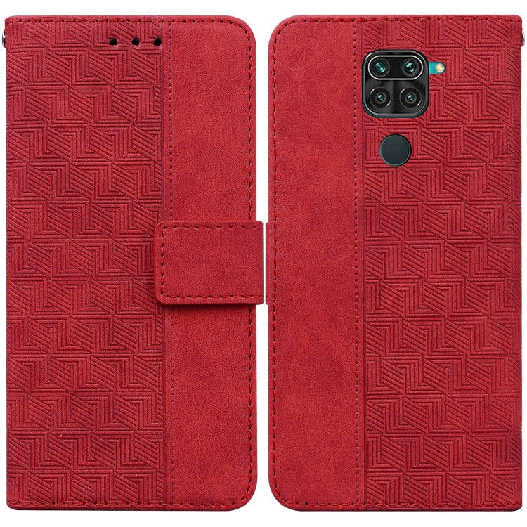 Red geometric embossed leather-style phone case with flip cover and round button detail