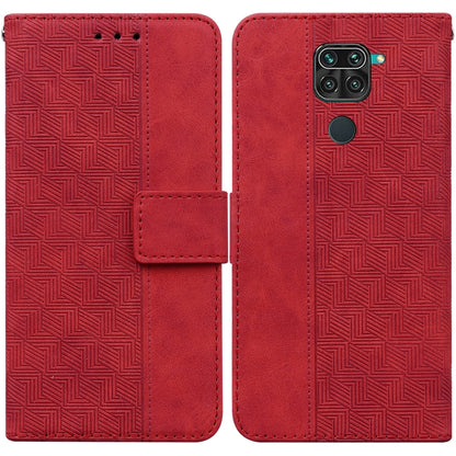 Red geometric embossed leather-style phone case with flip cover and round button detail