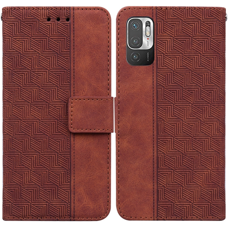 Brown geometric embossed leather-style phone case with flip cover and camera opening