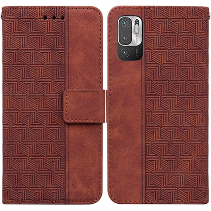Brown geometric embossed leather-style phone case with flip cover and camera opening