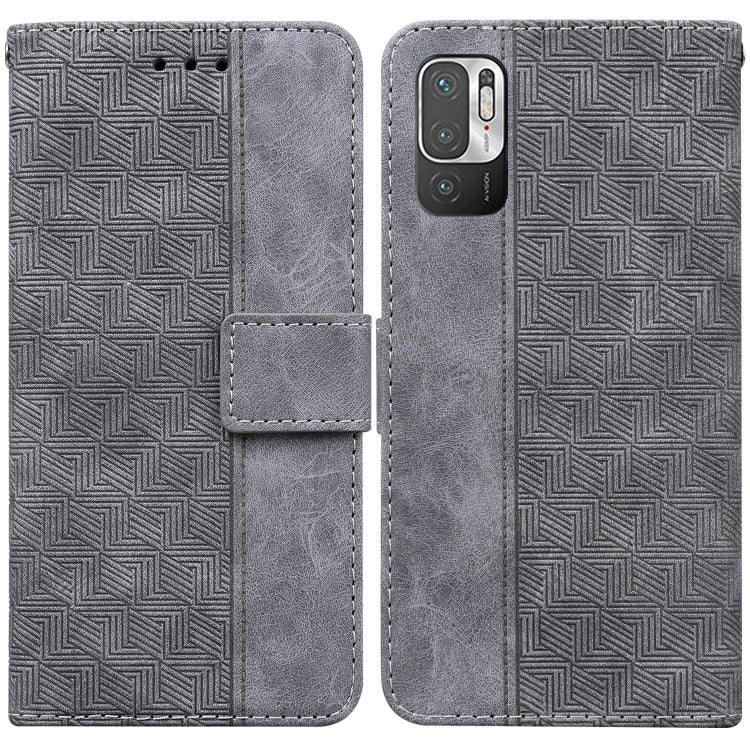 Grey geometric embossed leather-style phone case with flip cover and front strap
