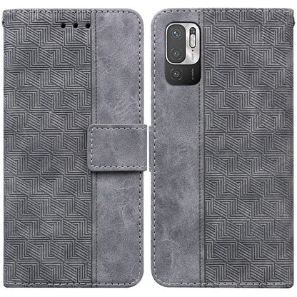 Grey geometric embossed leather-style phone case with flip cover and front strap