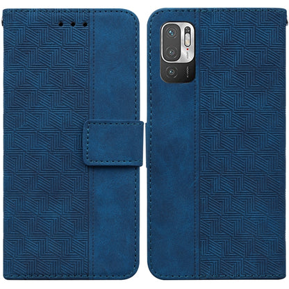 Blue geometric embossed leather-style phone case with flip cover and front strap