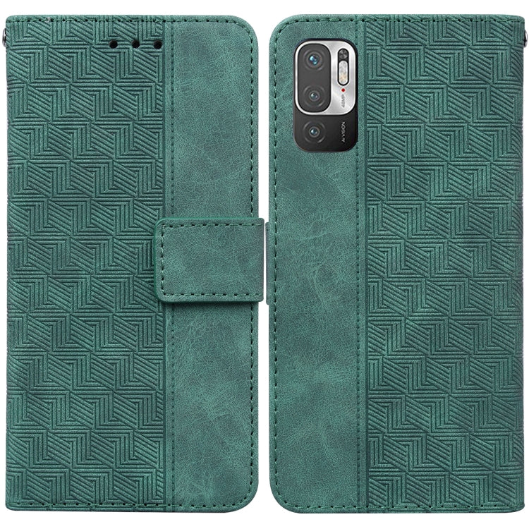 Green geometric embossed leather-style phone case with flip cover and front strap