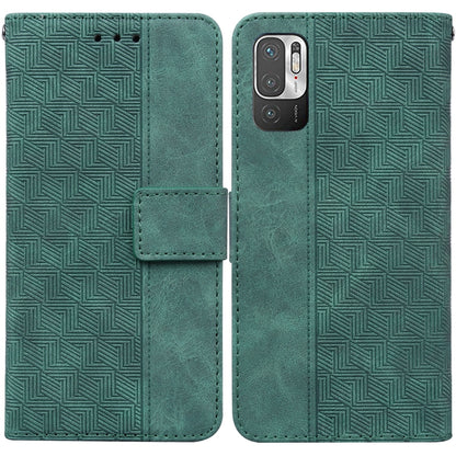 Green geometric embossed leather-style phone case with flip cover and front strap