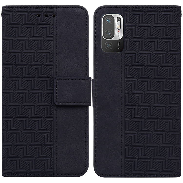 Dark blue/black geometric embossed leather-style phone case with flip cover and strap