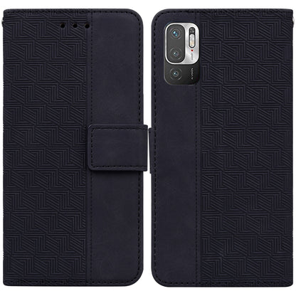 Dark blue/black geometric embossed leather-style phone case with flip cover and strap